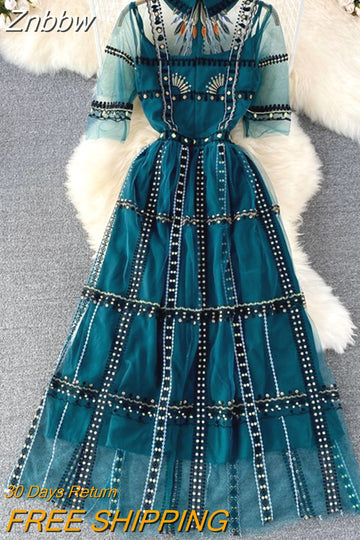 Znbbw Summer Runway Designer Elegant Long Dress Women Short Sleeve Flower Mesh Embroidery Vintage Maxi Dresses Party Gown